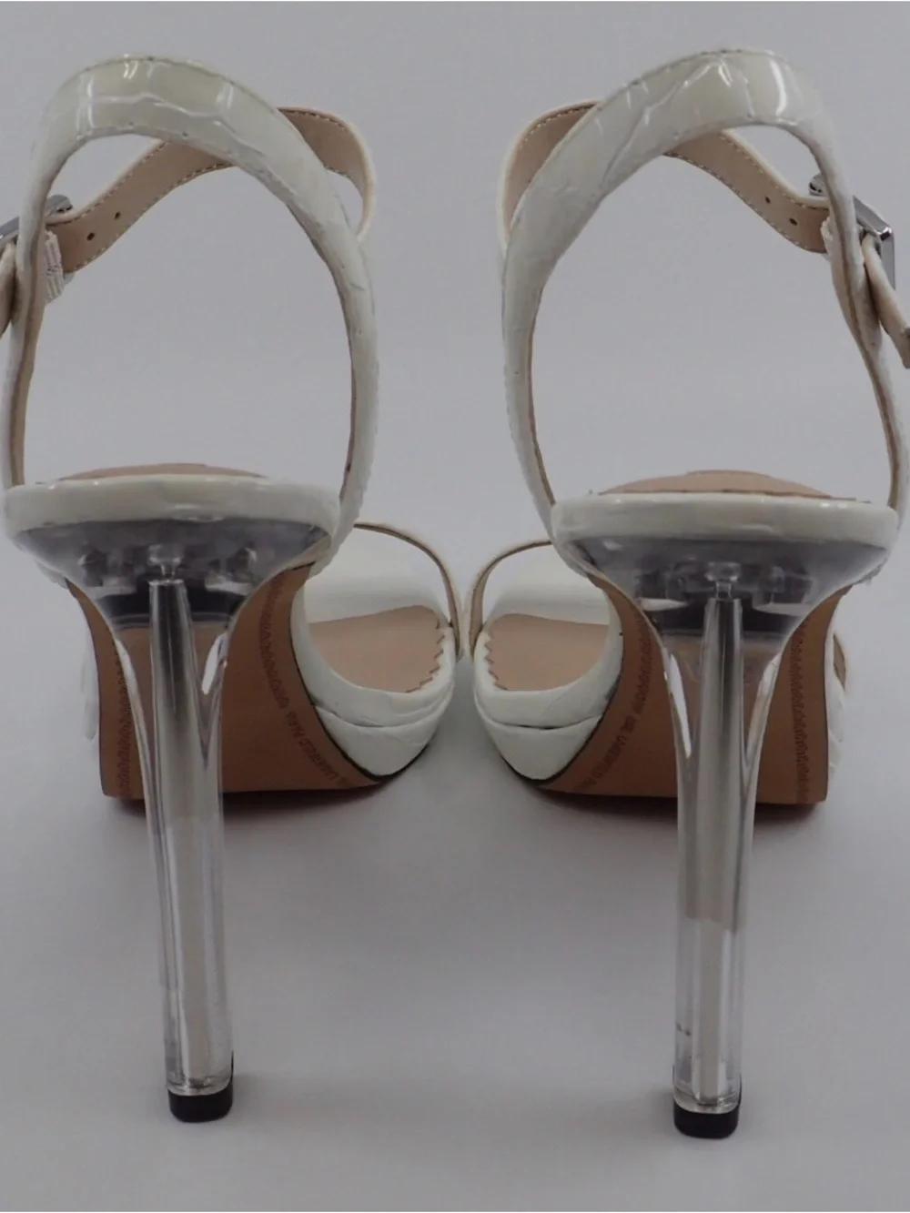 Karl Lagerfeld Cream Croc-Texture Ankle Strap Heels with Clear Stiletto